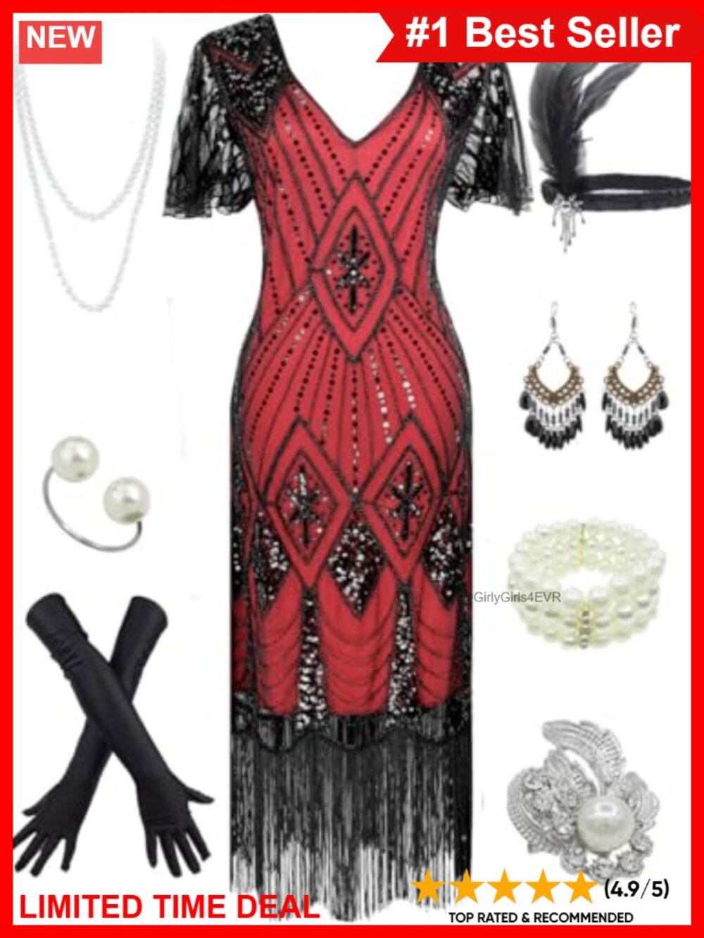 Satin Sequin Beaded Flapper Dress Costume Set with Accessories